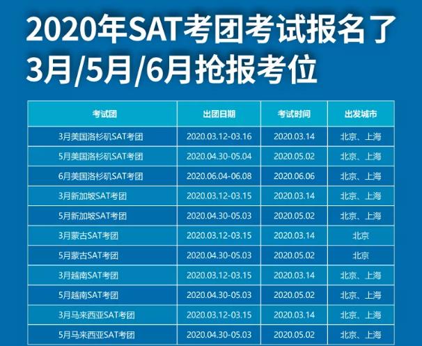 <b>环球教育2020年SAT考团3月、5月、6月考团均有名额，赶紧抢占！</b>
