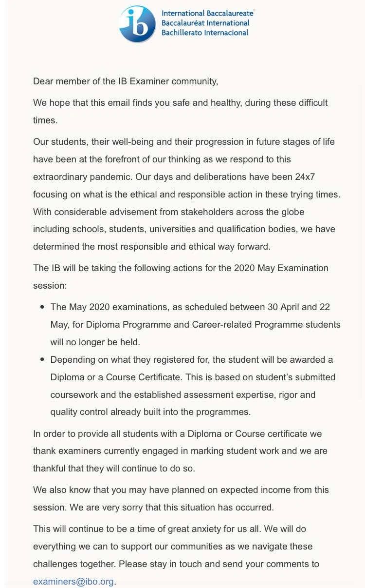 2020年 IBDP 5月考试取消！