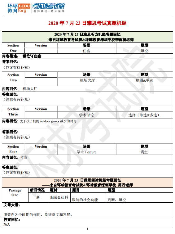 2020年7月25日雅思考试真题机经回忆含答案，烤鸭收藏！