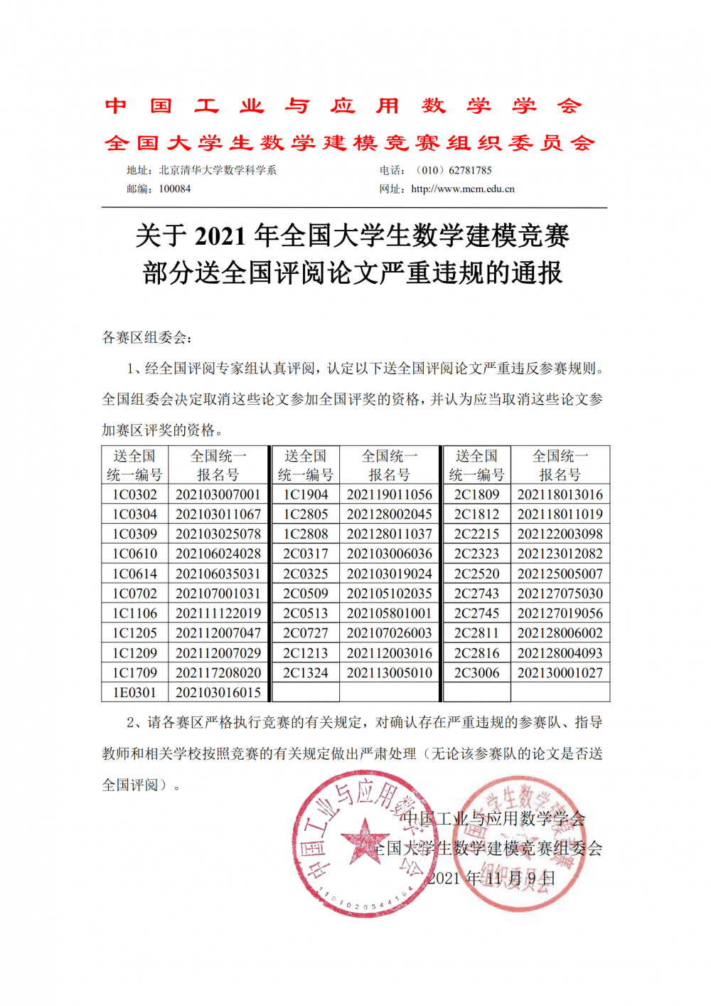 关于2021年全国大学生数学建模竞赛中部分参赛论文相似度较高的通报