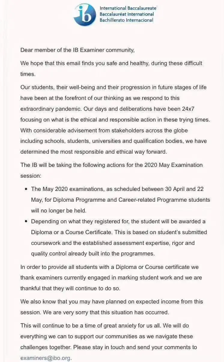 IB0考试官方宣布：取消5月IB统考，成绩由学校评估！