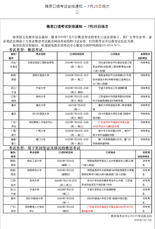 　　不在列表中考点恢复情况不定，后续可能增加，具体请等待官宣。  　　另外，昨天雅思官方也放出了8月UKVI和机考考试的考位!UKVI考试适用范围更广，需要读语言课的同学们要及时关注哦！  奥利给!  　　目前有以下城市的考点释放了考位：  　　#普雅机考#  　　雅思重庆机考中心  　　雅思广州机考中心  　　雅思上海机考中心(南丰城)  　　雅思上海机考中心(嘉地中心)  　　#UKVI机考#  　　雅思重庆机考中心  　　雅思广州机考中心  　　雅思上海机考中心(南丰城)  　　雅思上海机考中心(嘉地中心)  　　#UKVI纸考#  　　石家庄信息工程学院  　　苏州大学  　　宁波大学  　　深圳赛格人才培训中心  　　西北工业大学  　　陕西师范大学  　　四川外国语大学  　　南昌大学其中南昌大学为8月新增复考考点。  　　除此之外还发布了7月23/25/26日场次的雅思口语考试安排。  　　雅思口语考试安排通知 – 7月23日场次