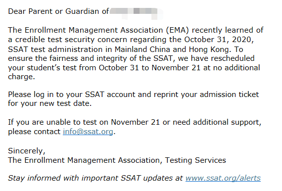 紧急！10月31日SSAT考试取消！
